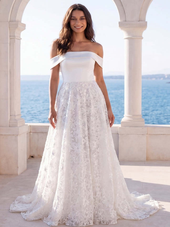 White Off the Shoulder A Line Embroidered Swep Train Beach Wedding Dress - VelvetHem