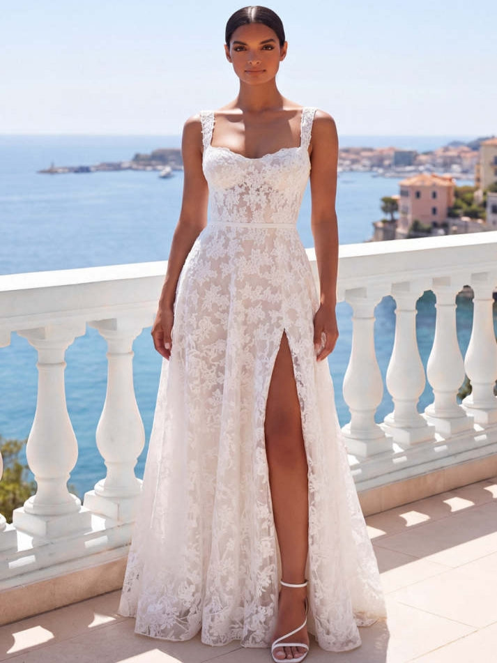 White Lace A Line Long Lace-up Back Beach Wedding Dress with Slit - VelvetHem