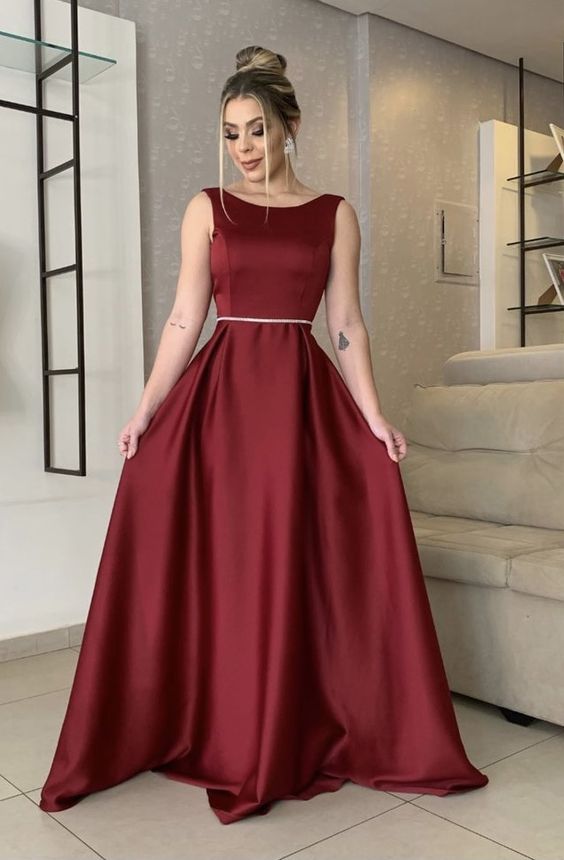 Burgundy Bateau Neckline Long Prom Dress Chic Evening Dress Sleeveless Formal Gown - View 2 | VelvetHem