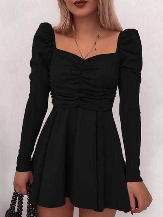 Black Pleated Square Neck Puff Sleeve Party Dress - VelvetHem