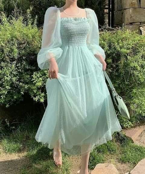 Light green skirt hollow French super fairy puff sleeve polka dot mesh dress sexy party dress