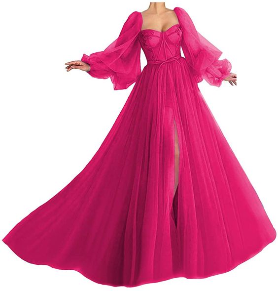 Puffy Sleeve Prom Dress Sweetheart Tulle Ball Gown A Line Princess Wedding Formal Evening Gowns with Split - VelvetHem