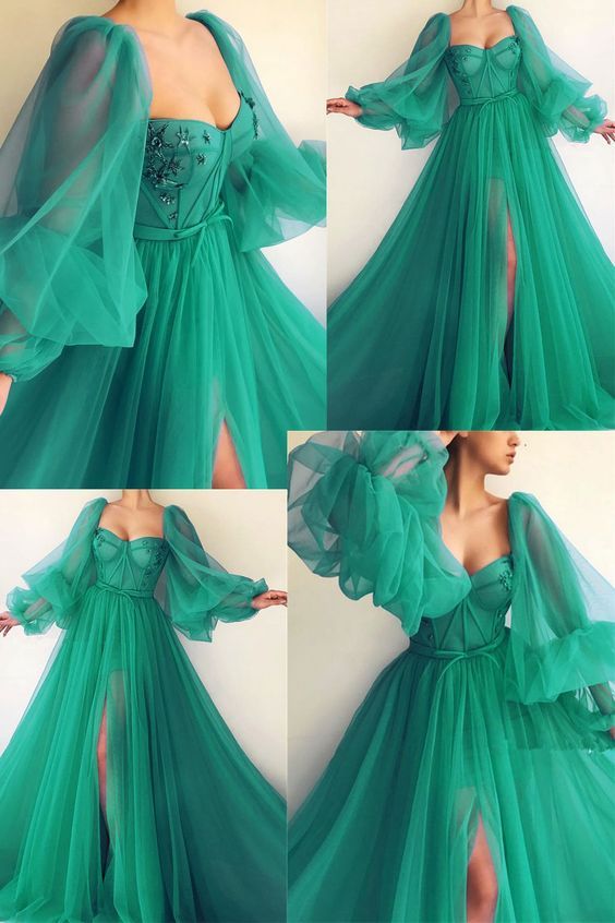 Puffy Sleeve Prom Dress Sweetheart Tulle Ball Gown A Line Princess Dress - VelvetHem