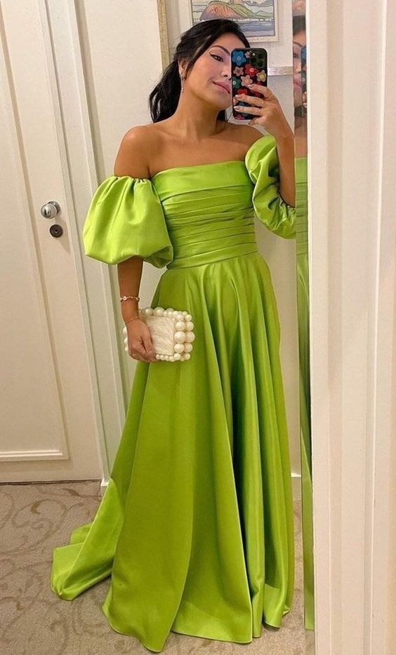 Sexy off shoulder puff sleeve floor length gown satin long evening dress - View 2 | VelvetHem