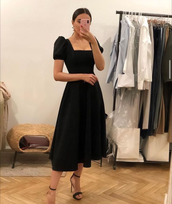 Trendy & Stylish Puff Sleeves Dresses Black Simple Prom Dress - VelvetHem