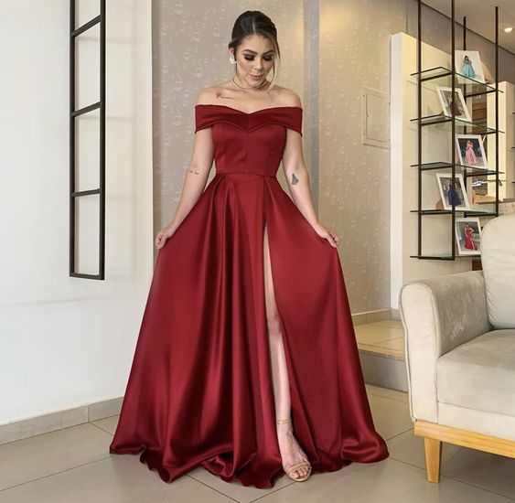 Off The Shoulder Satin Long Prom Dress Simple Burgundy Evening Dress - VelvetHem