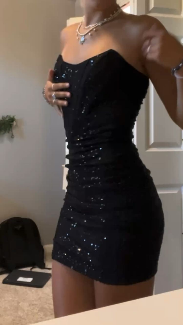 Strapless Black Dress Short Tight Black Dress Black Sequin Homecoming Dress - View 2 | VelvetHem
