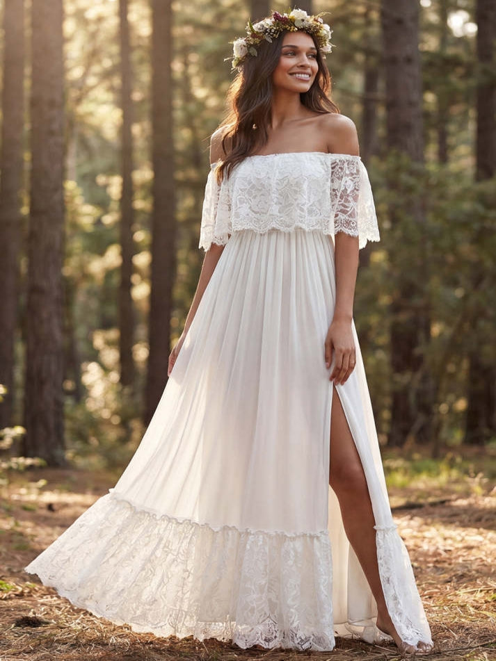 Ivory Off the Shoulder A Line Sweep Train Beach Wedding Dress with Slit - VelvetHem