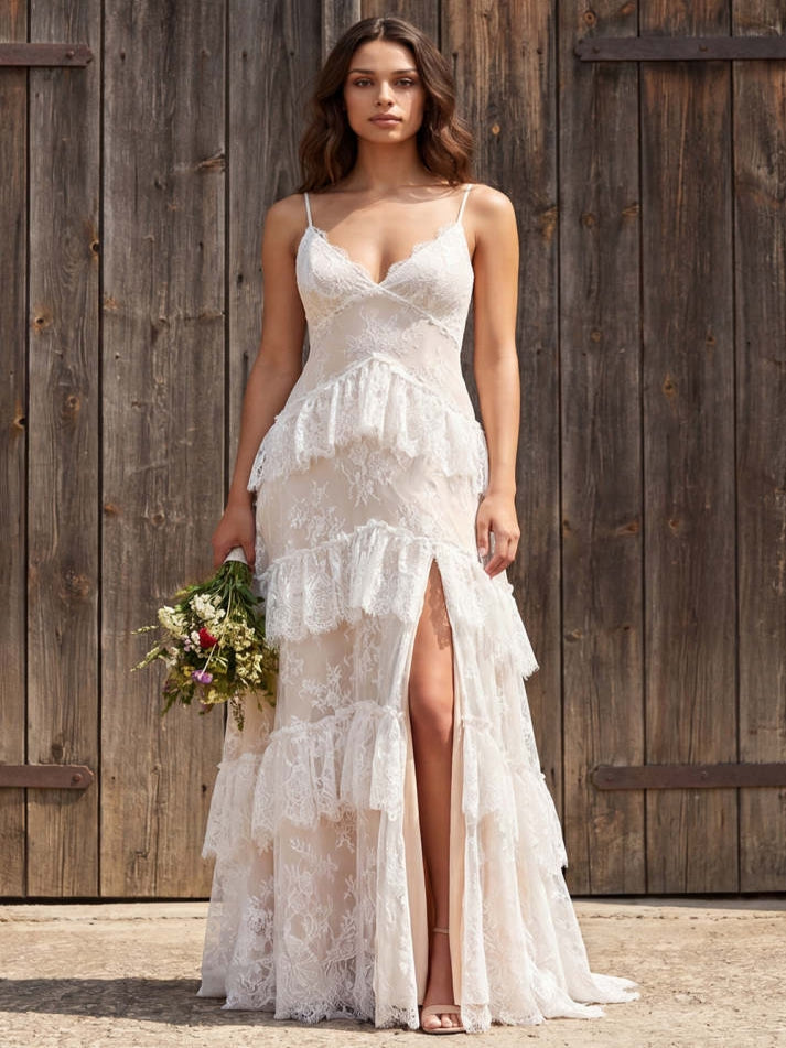 Floral Ivory A Line Sweep Train Lace Boho Wedding Dress with Slit - VelvetHem