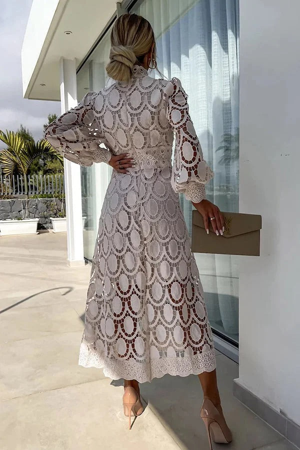 Francisca Premium Romantic, Sensual and Party Midi Dress with Crochet Lace and Lantern Sleeves Chic Silhouette Collection