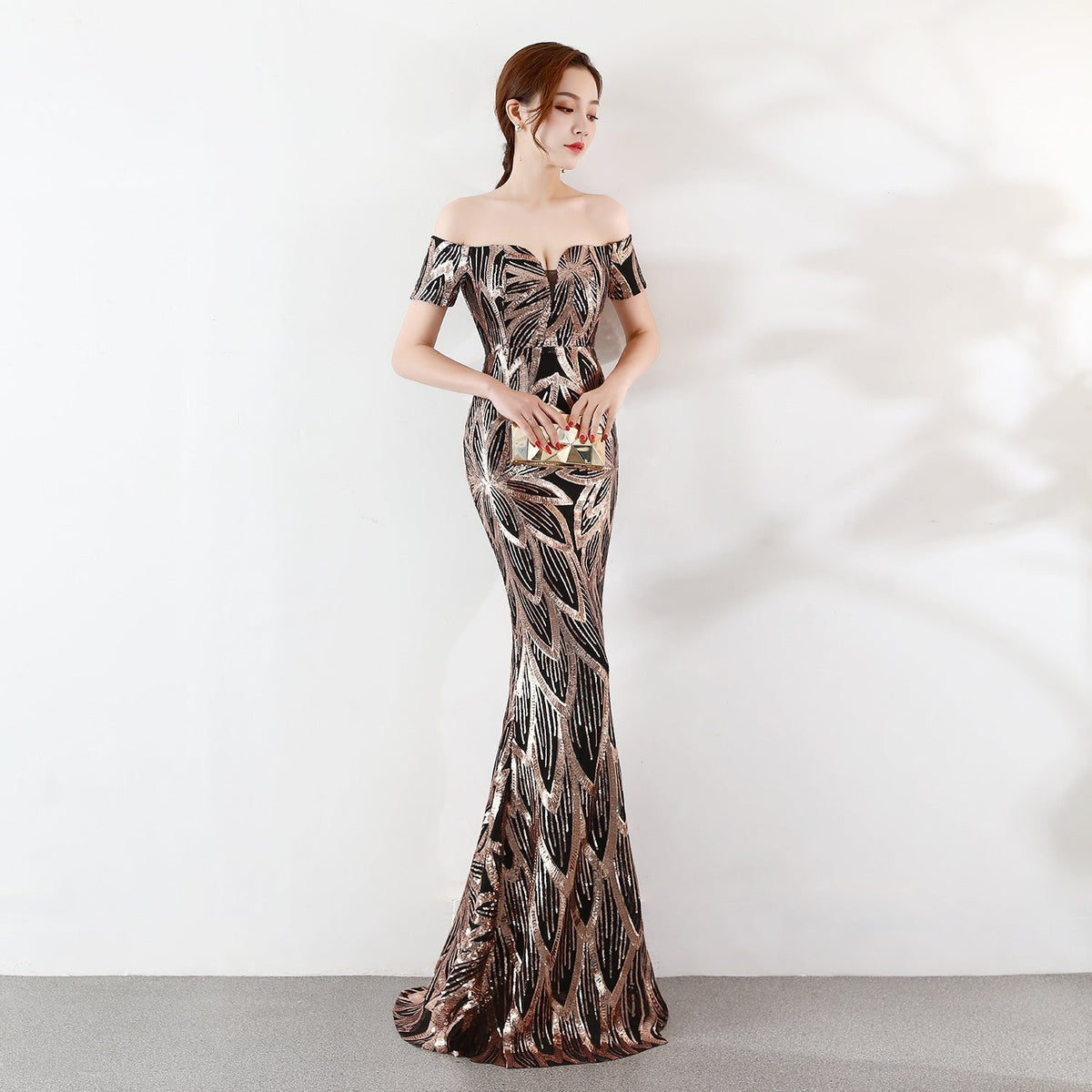 Off the Shoulder Sequined Evening Dress: Long Fish Tail, Slim Fit - VelvetHem