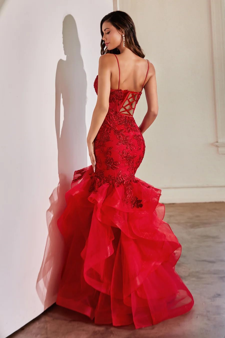 Women's Lace Applique Tulle Prom Dresses Long Mermaid Ruffles Sparkly Formal Evening Party Gown