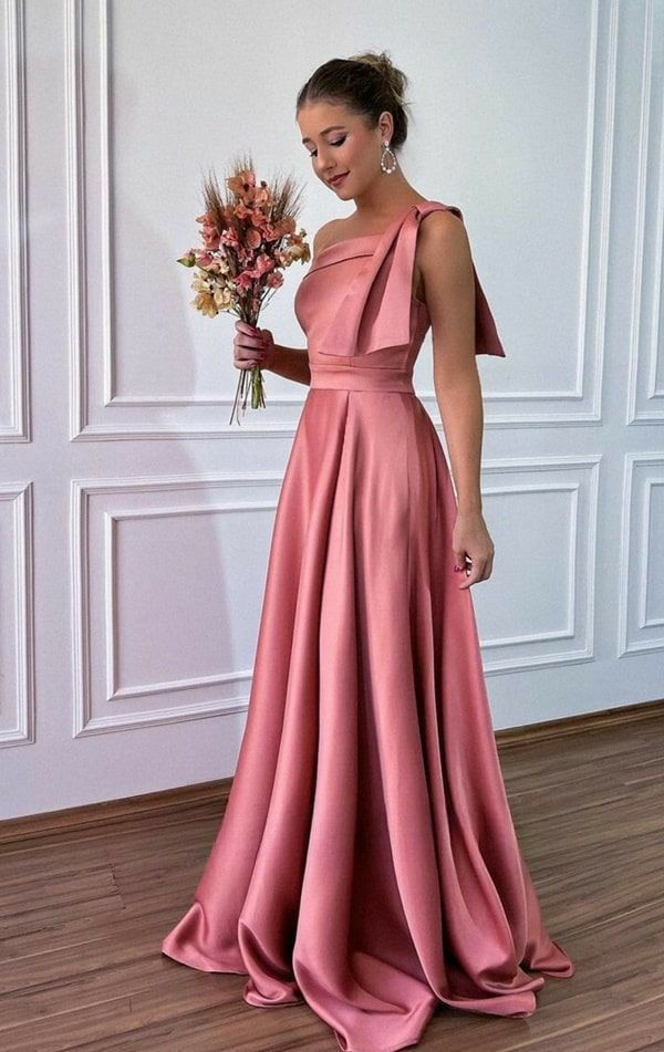 Women's One Shoulder Pink Satin Long Evening Dress - VelvetHem