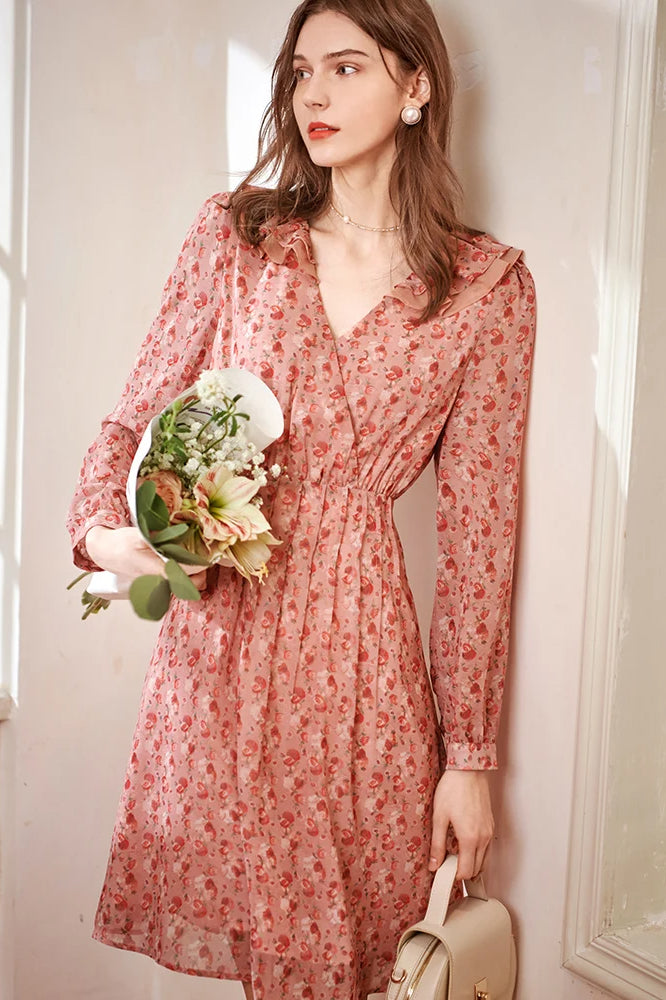 Printed Chiffon Fitted Waist Floral Dress - VelvetHem