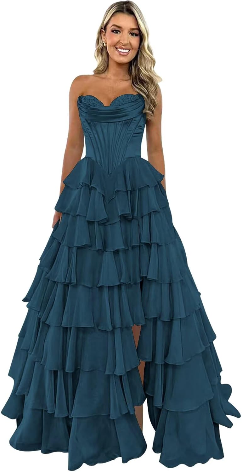 Strapless Corset Prom Dresses for Women 2025 Long Tiered Ruffle Chiffon Formal Evening Gown with Slit