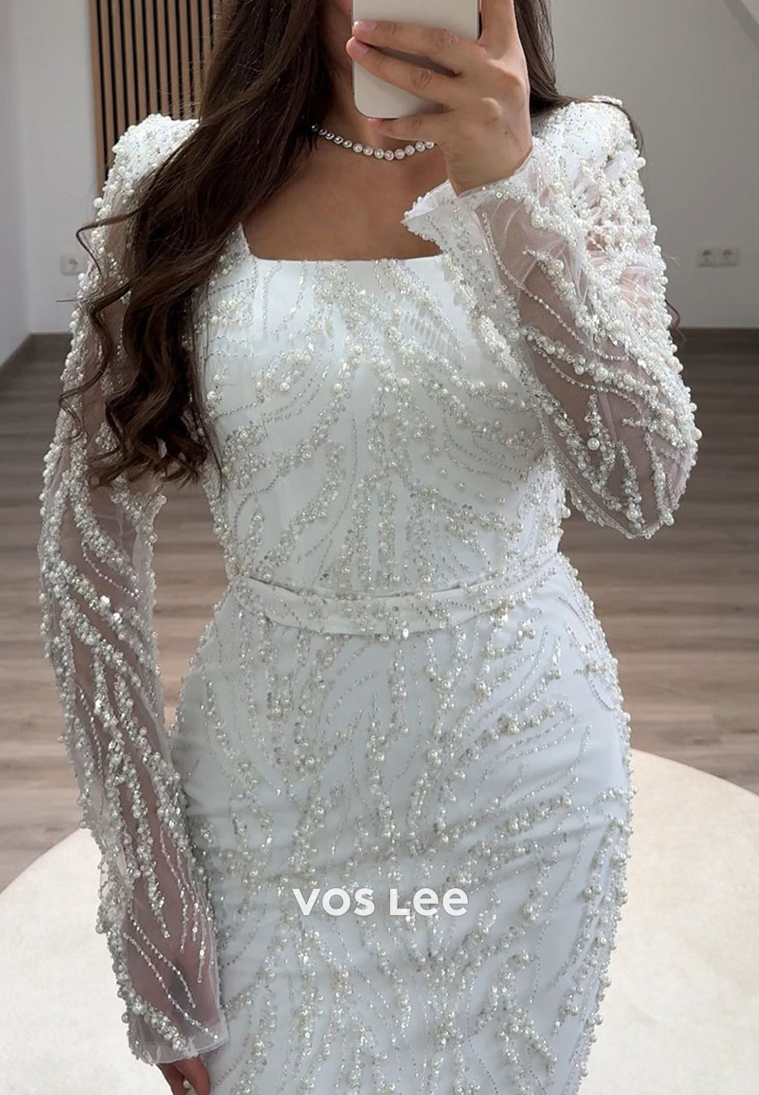 Full Beaded Square Evening Dress Long Sleeves Sheath Formal Party Gown - View 5 | VelvetHem