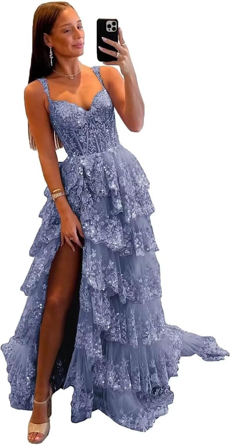Sparkly Tiered Lace Tulle Prom Dresses Long 2025 Spaghetti Straps Formal Corset Evening Gown with Slit