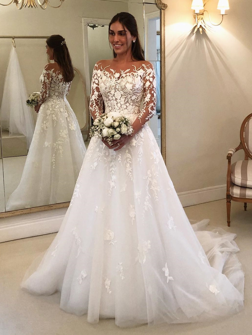 Tulle Illusion Neck A-Line Lace 3/4 Sleeves Wedding Dress With Train - VelvetHem