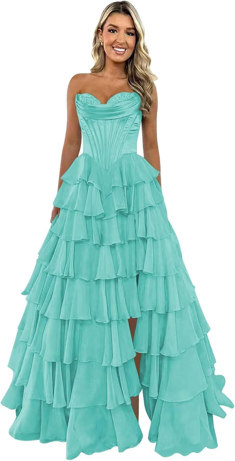 Strapless Corset Prom Dresses for Women 2025 Long Tiered Ruffle Chiffon Formal Evening Gown with Slit