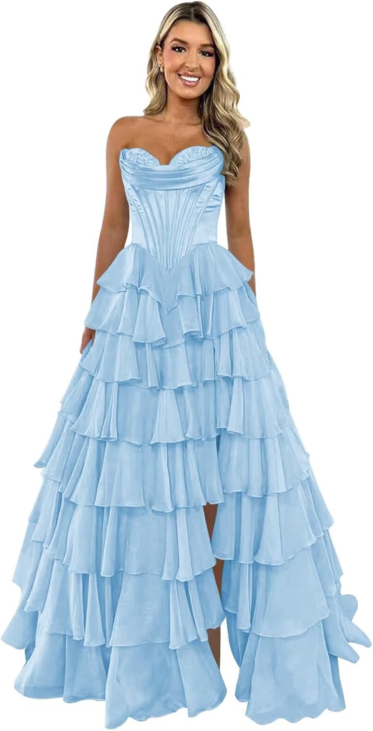 Strapless Corset Prom Dresses for Women 2025 Long Tiered Ruffle Chiffon Formal Evening Gown with Slit