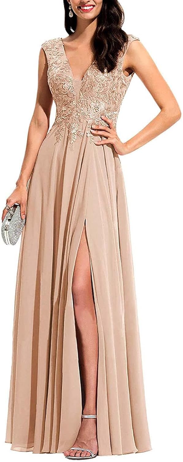 Chiffon Appliques Bridesmaid Dress Long V Neck Beaded Wedding Guest Gown with Split