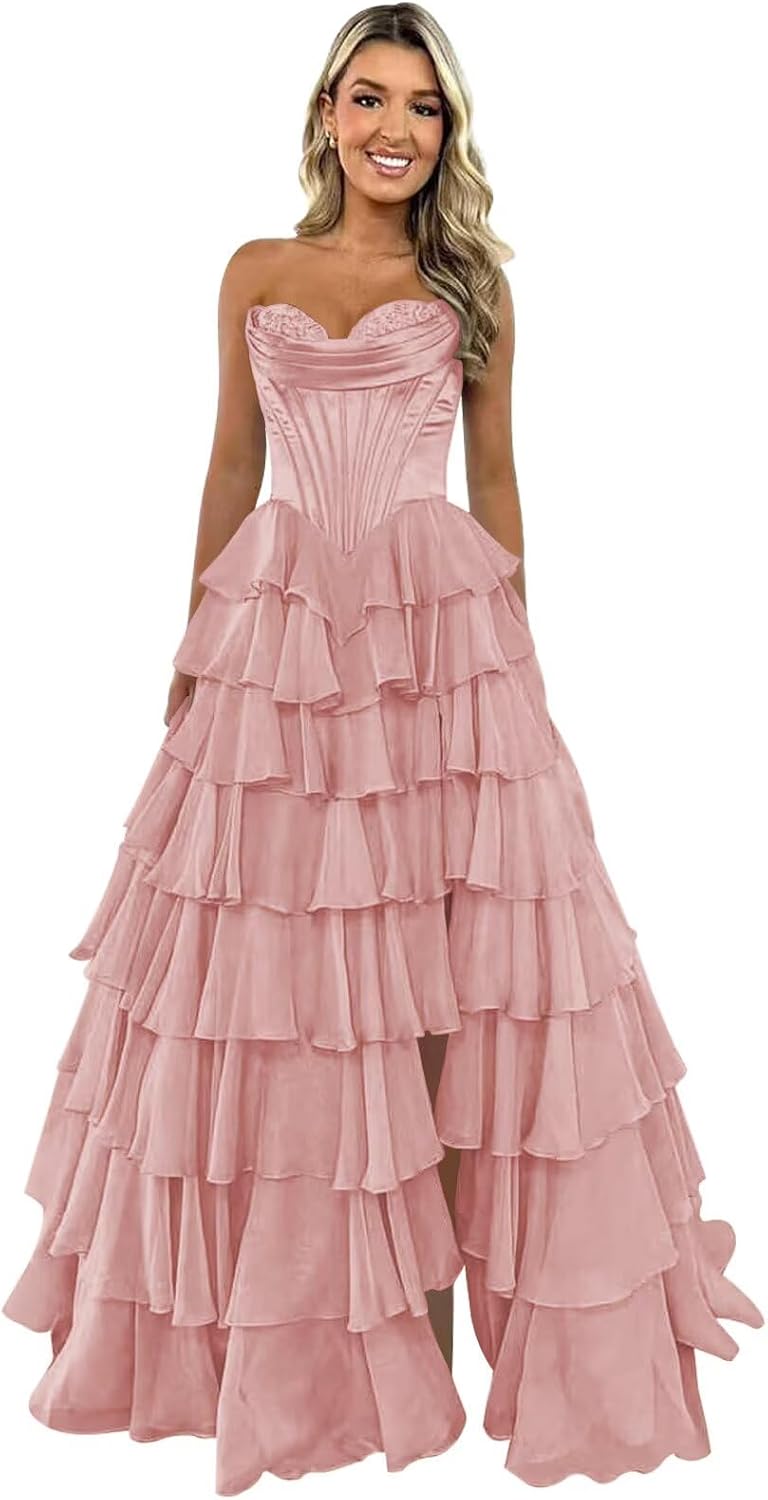 Strapless Corset Prom Dresses for Women 2025 Long Tiered Ruffle Chiffon Formal Evening Gown with Slit
