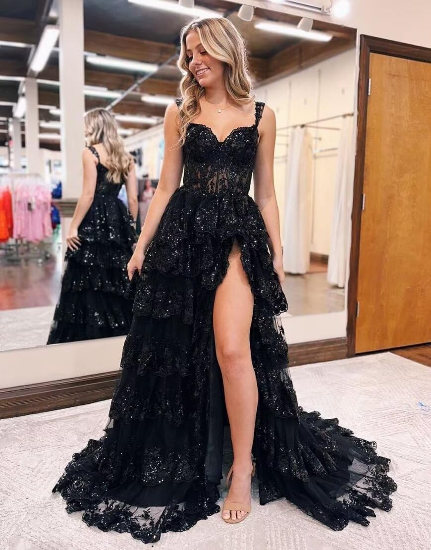 Sparkly Tiered Lace Tulle Prom Dresses Long 2025 Spaghetti Straps Formal Corset Evening Gown with Slit