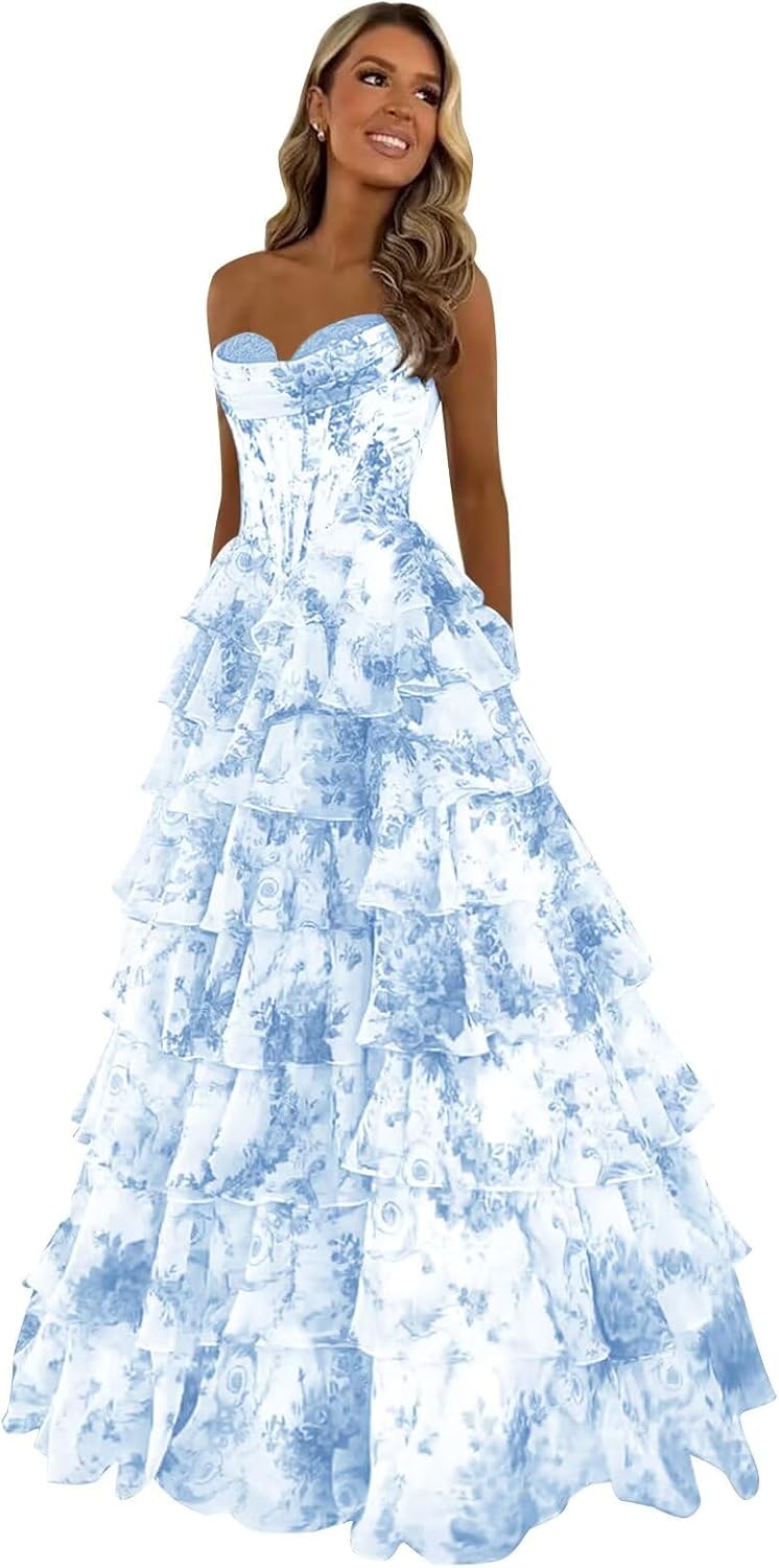 Strapless Corset Prom Dresses for Women 2025 Long Tiered Ruffle Chiffon Formal Evening Gown with Slit