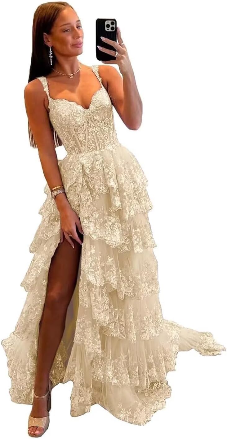 Sparkly Tiered Lace Tulle Prom Dresses Long 2025 Spaghetti Straps Formal Corset Evening Gown with Slit