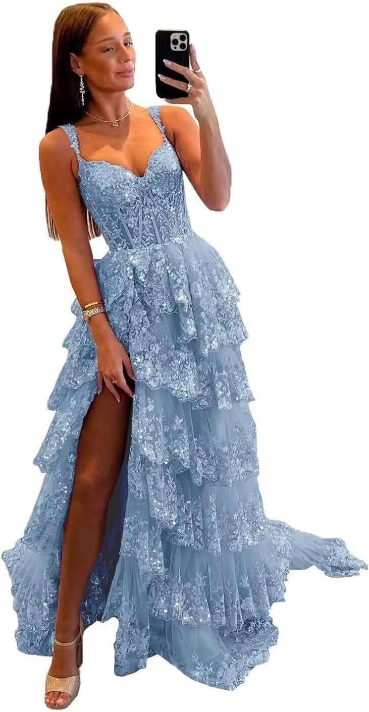 Sparkly Tiered Lace Tulle Prom Dresses Long 2025 Spaghetti Straps Formal Corset Evening Gown with Slit