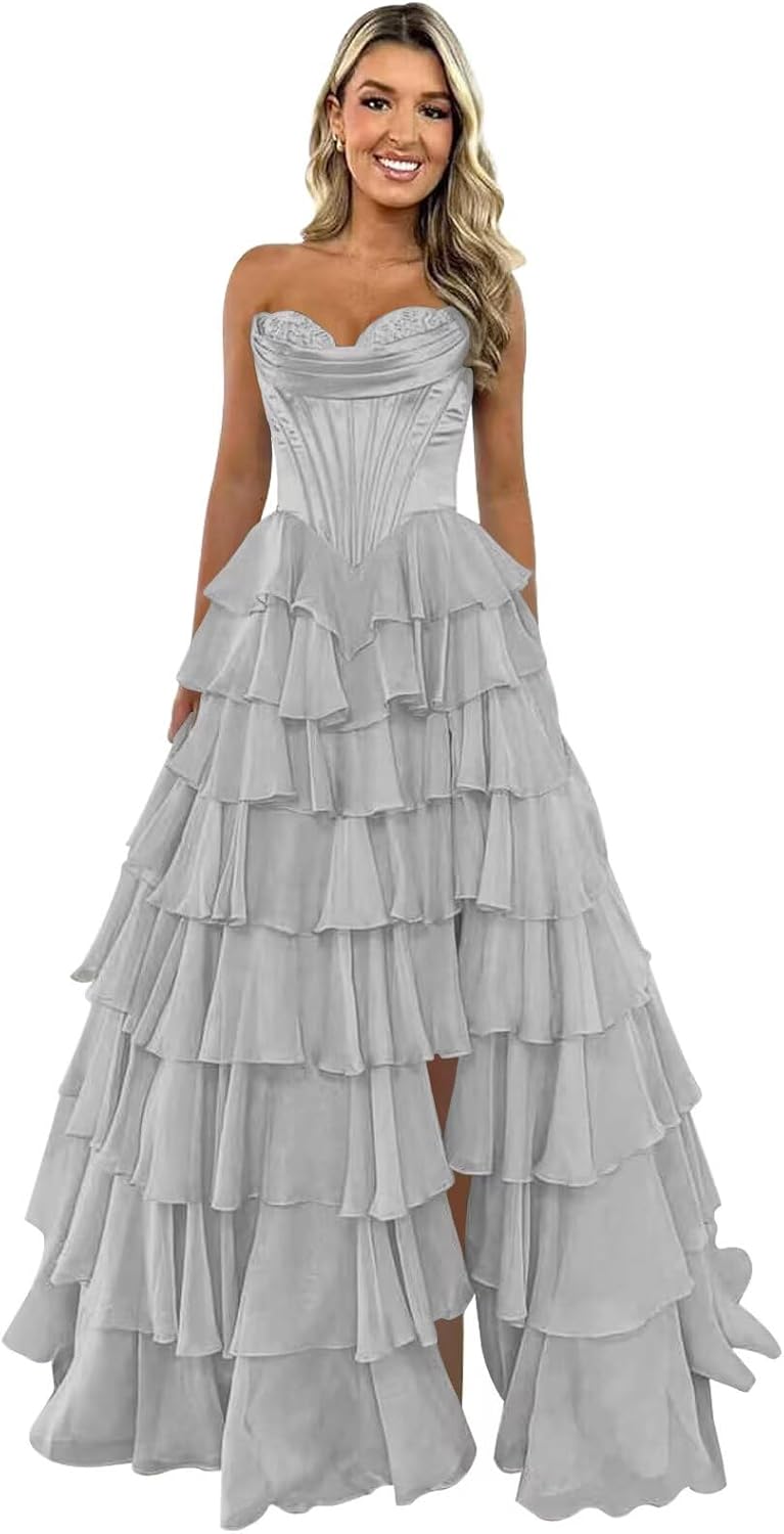 Strapless Corset Prom Dresses for Women 2025 Long Tiered Ruffle Chiffon Formal Evening Gown with Slit