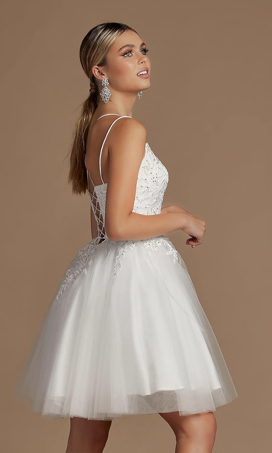 Modest Lace Beaded Tulle Homecoming Dresses Short Square Neck Prom Dress Spaghetti Straps Party Gown