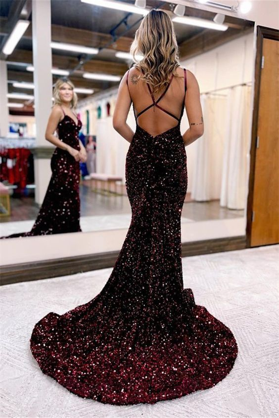 Chic Sequins Long Evening Dress V Neck Spaghetti Strap Y4401 - VelvetHem