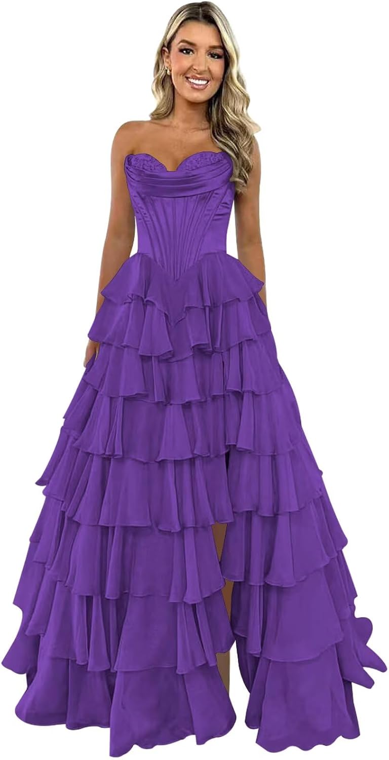 Strapless Corset Prom Dresses for Women 2025 Long Tiered Ruffle Chiffon Formal Evening Gown with Slit