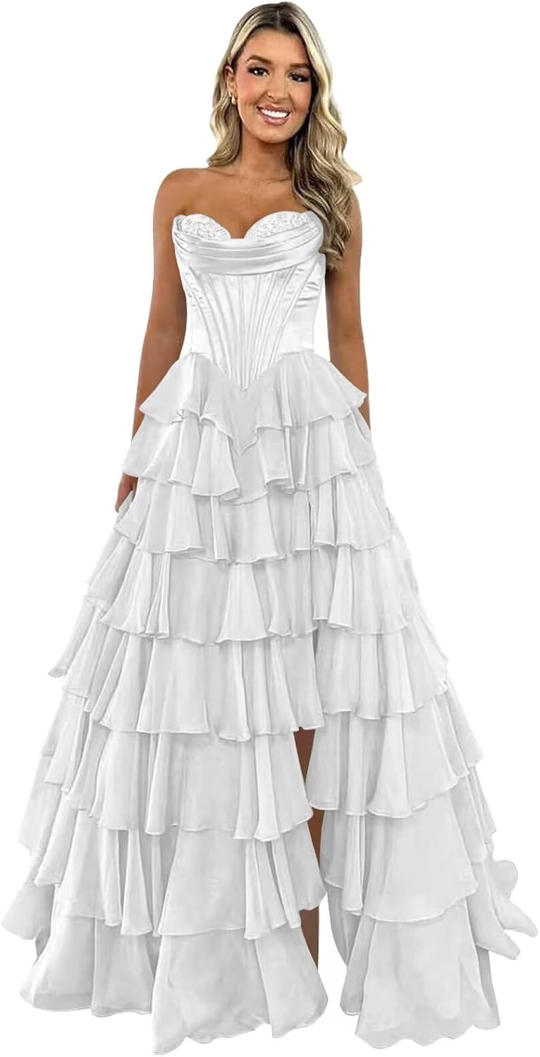 Strapless Corset Prom Dresses for Women 2025 Long Tiered Ruffle Chiffon Formal Evening Gown with Slit