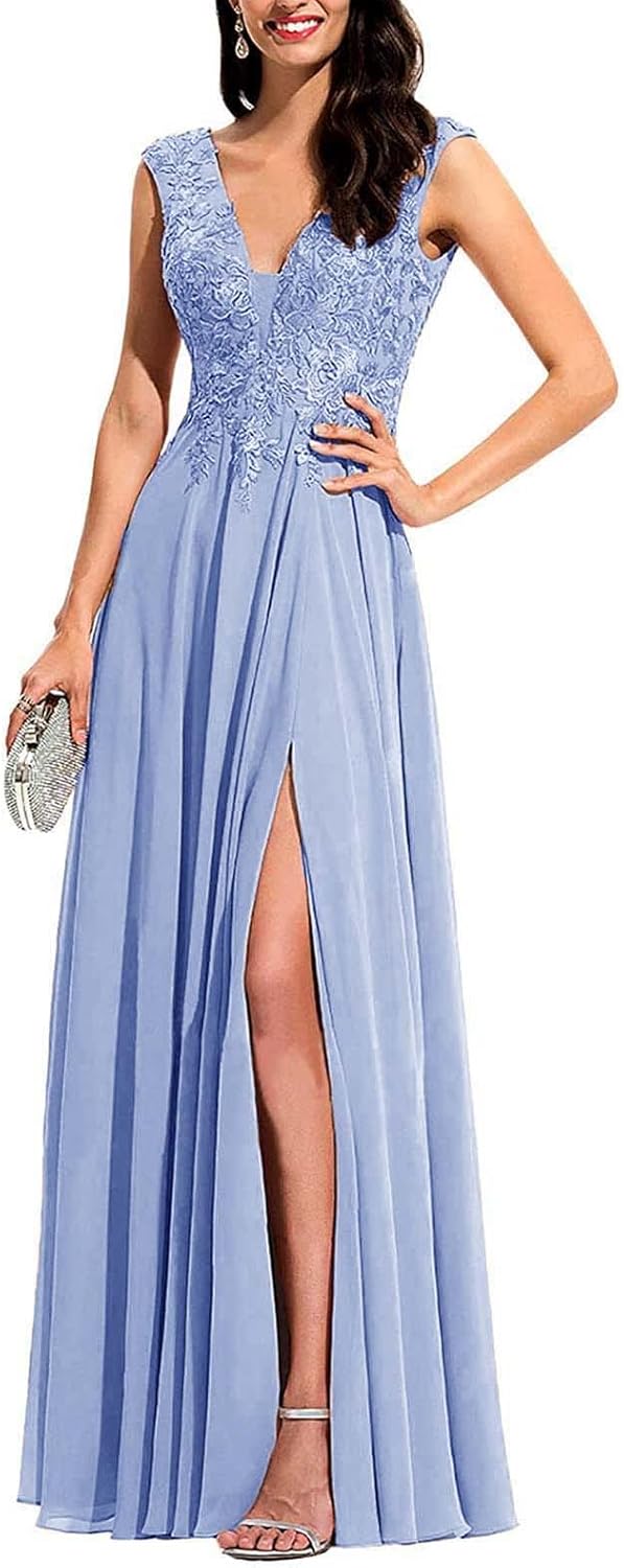 Chiffon Appliques Bridesmaid Dress Long V Neck Beaded Wedding Guest Gown with Split
