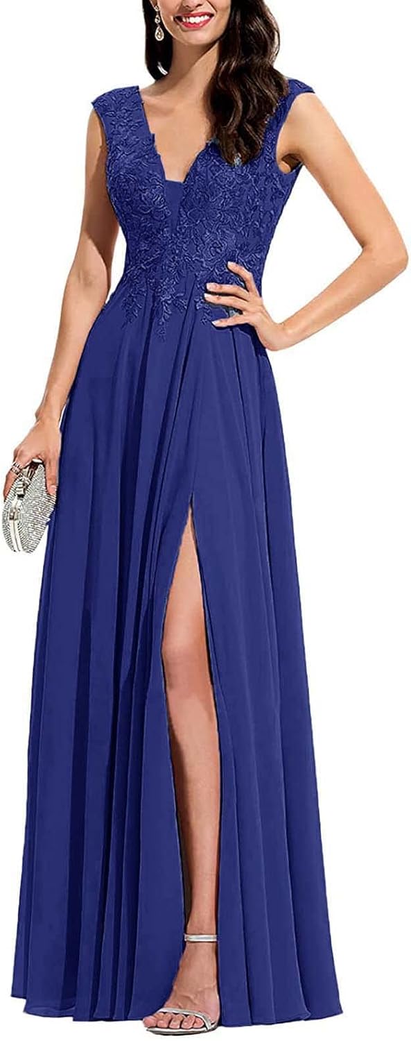 Chiffon Appliques Bridesmaid Dress Long V Neck Beaded Wedding Guest Gown with Split