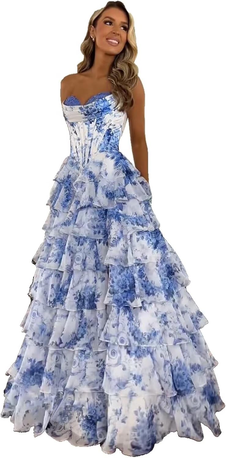 Strapless Corset Prom Dresses for Women 2025 Long Tiered Ruffle Chiffon Formal Evening Gown with Slit