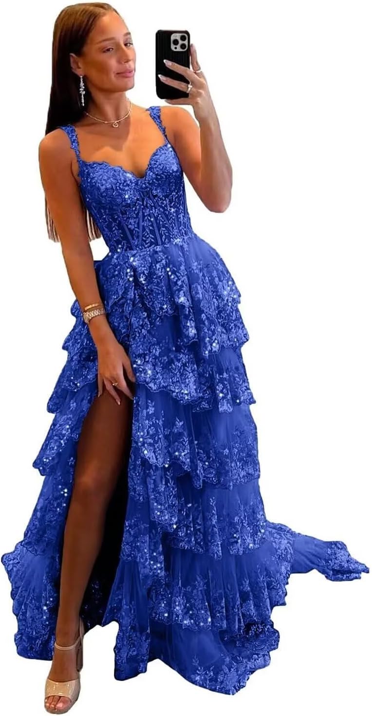 Sparkly Tiered Lace Tulle Prom Dresses Long 2025 Spaghetti Straps Formal Corset Evening Gown with Slit
