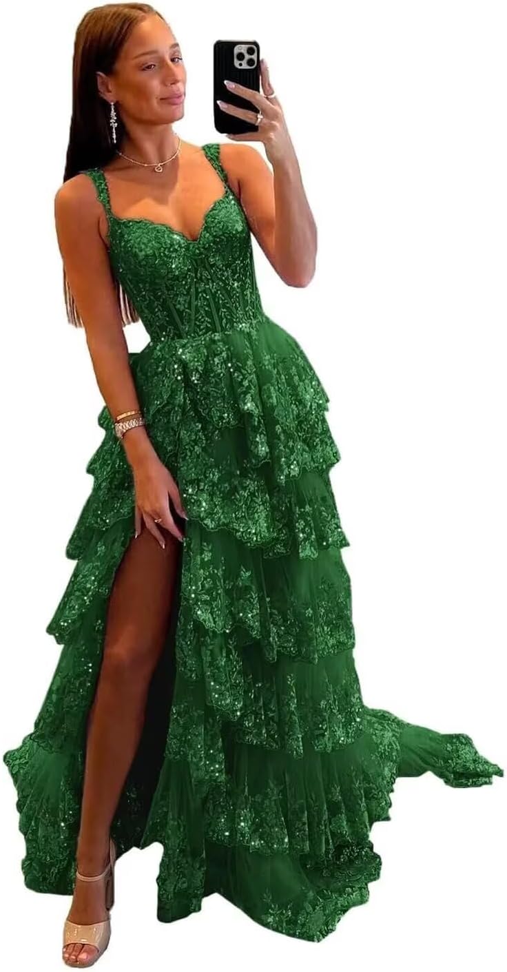 Sparkly Tiered Lace Tulle Prom Dresses Long 2025 Spaghetti Straps Formal Corset Evening Gown with Slit