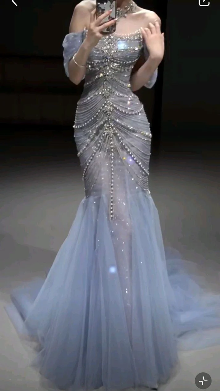 Gorgeous Blue Tulle Beaded wedding Prom Dress Off Shoulder Mermaid Evening Dress Y8058 - VelvetHem
