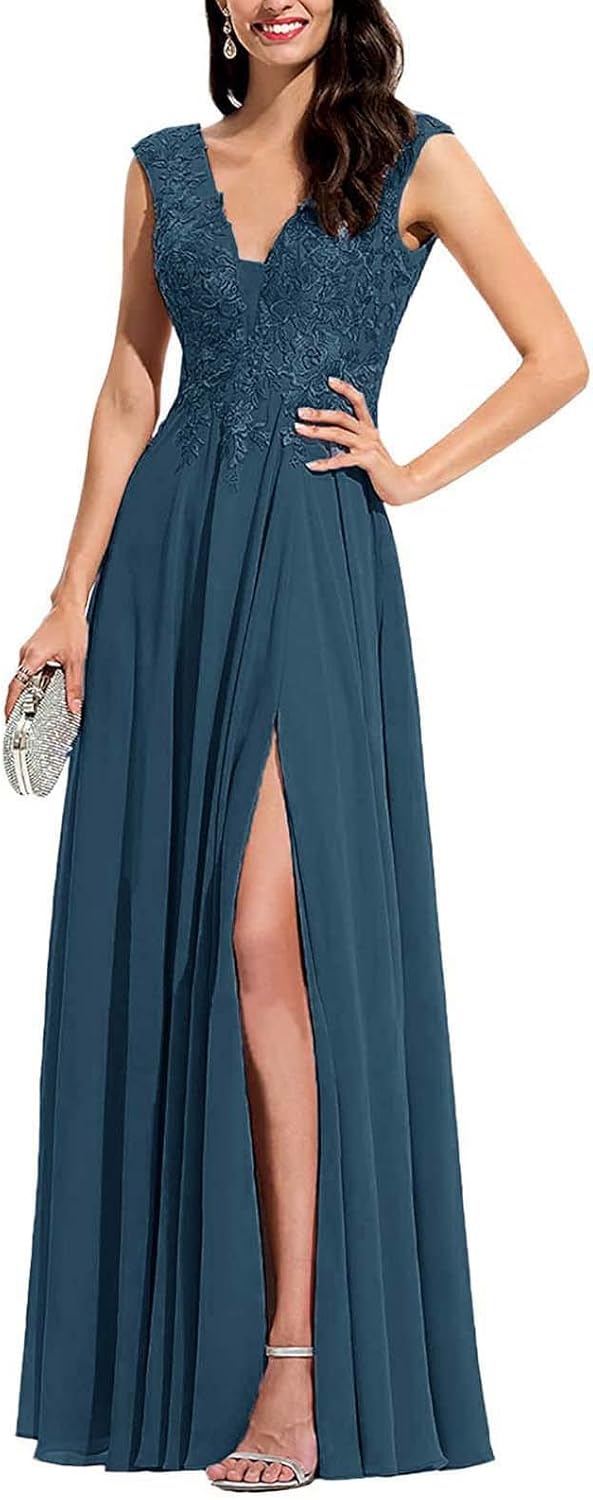 Chiffon Appliques Bridesmaid Dress Long V Neck Beaded Wedding Guest Gown with Split