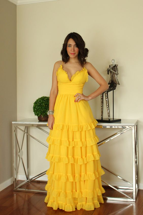 Charming Yellow A-line Tiered Ruffle Prom Dress,Yellow Graduation Dress - VelvetHem