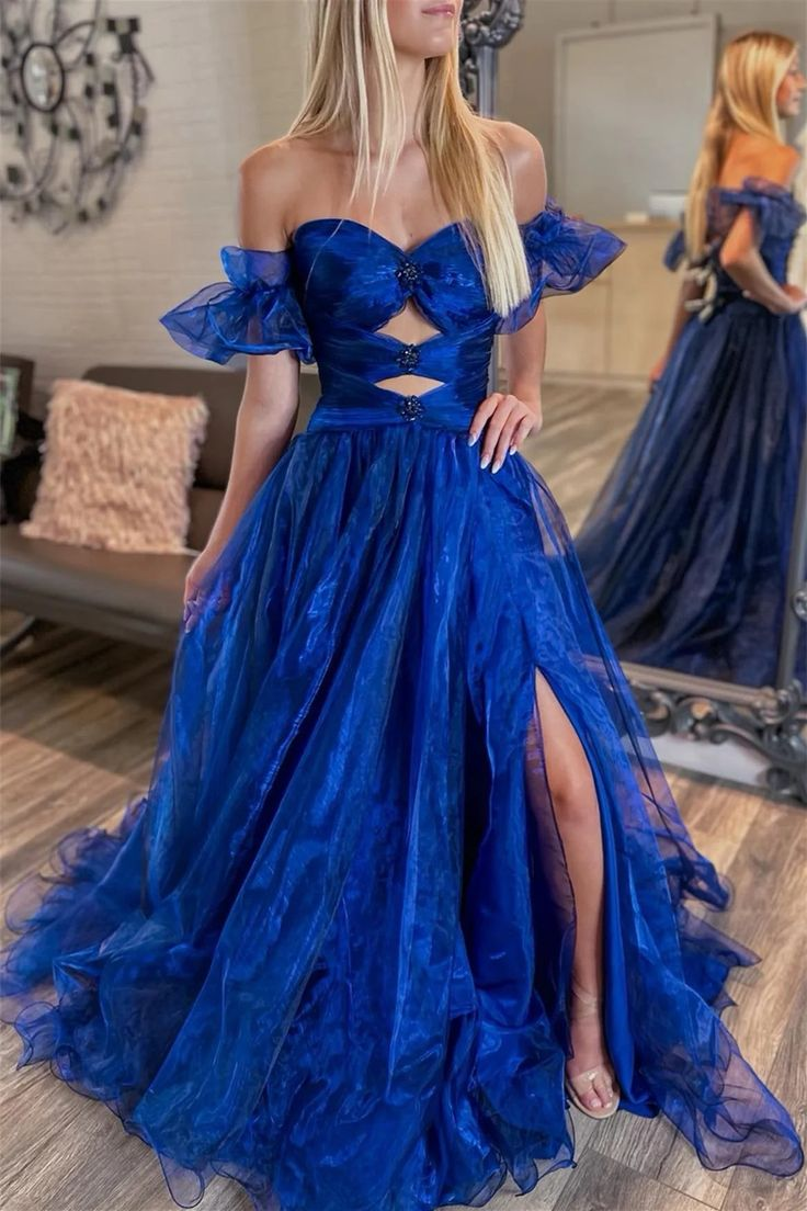 Royal Blue Tulle Off-Shoulder Long Prom Dress with Slit - View 2 | VelvetHem