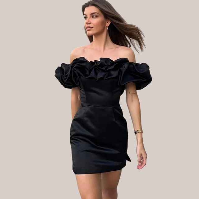 Anoushka Elevated Off the Shoulder Cocktail Dress with Ruffle Detail Premium Wardrobe Essential