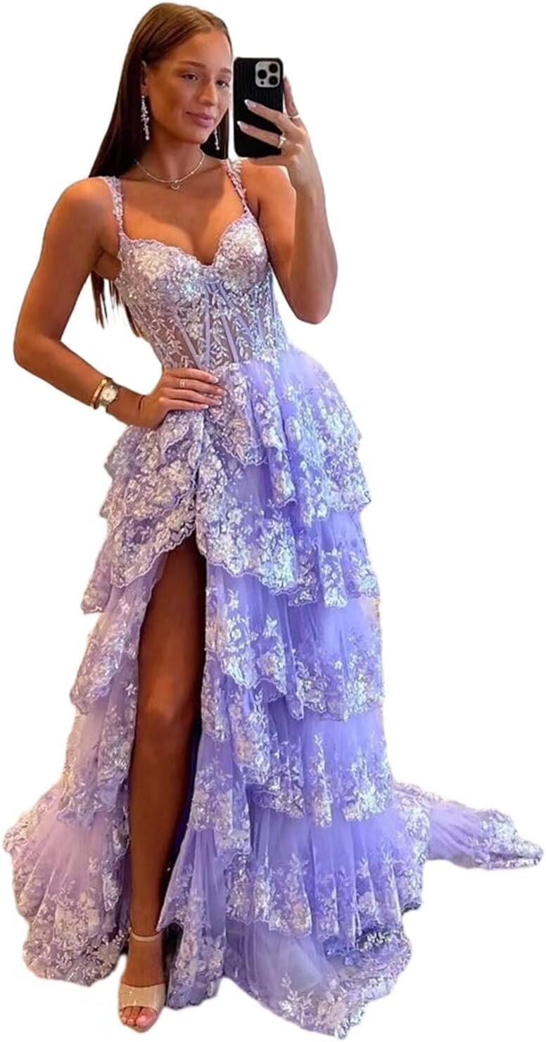 Sparkly Tiered Lace Tulle Prom Dresses Long 2025 Spaghetti Straps Formal Corset Evening Gown with Slit