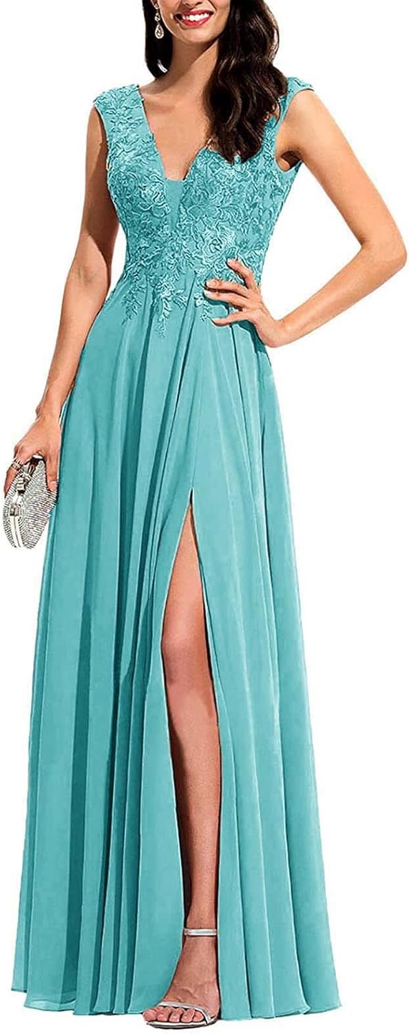 Chiffon Appliques Bridesmaid Dress Long V Neck Beaded Wedding Guest Gown with Split