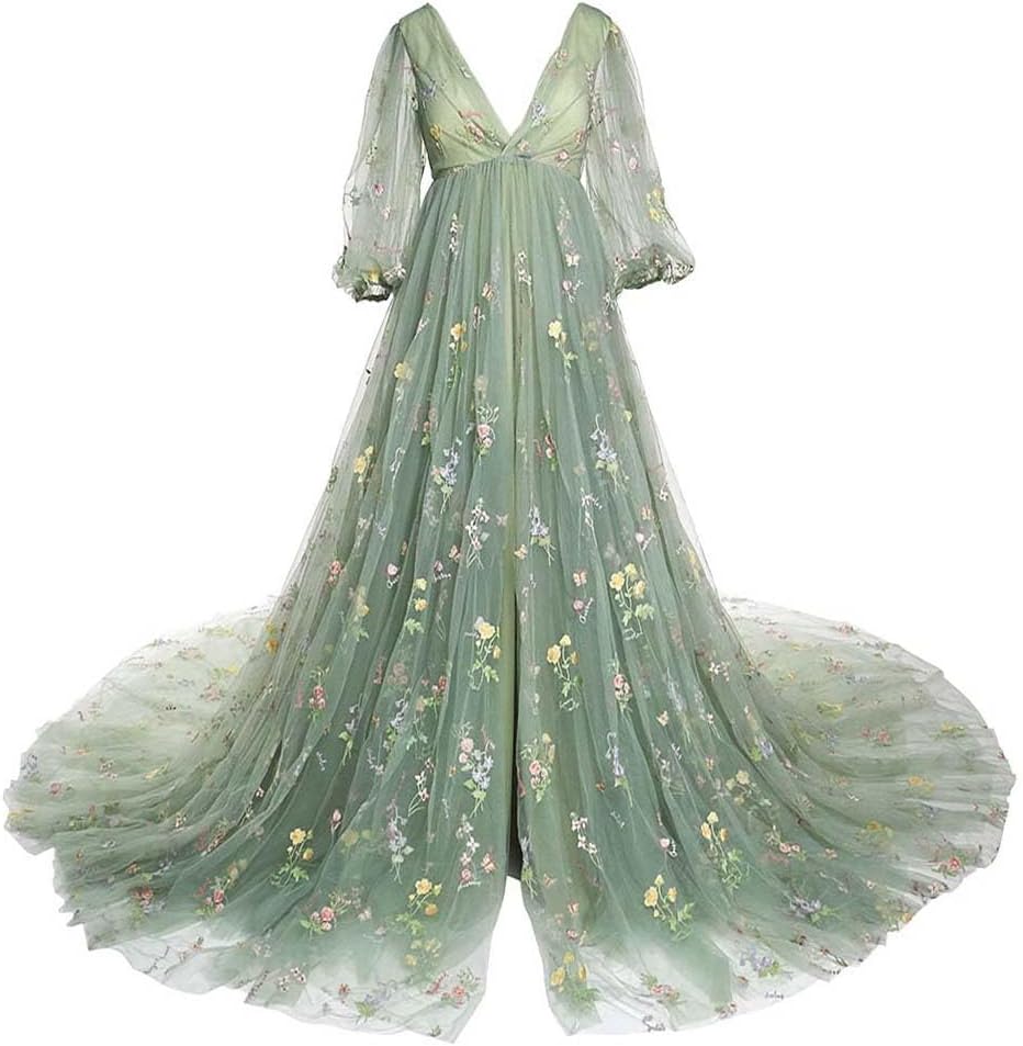 Embroidery Tulle Robe Maternity Dress for Photoshoot Ball Gown Slit Pregnancy Baby Shower Gown - VelvetHem
