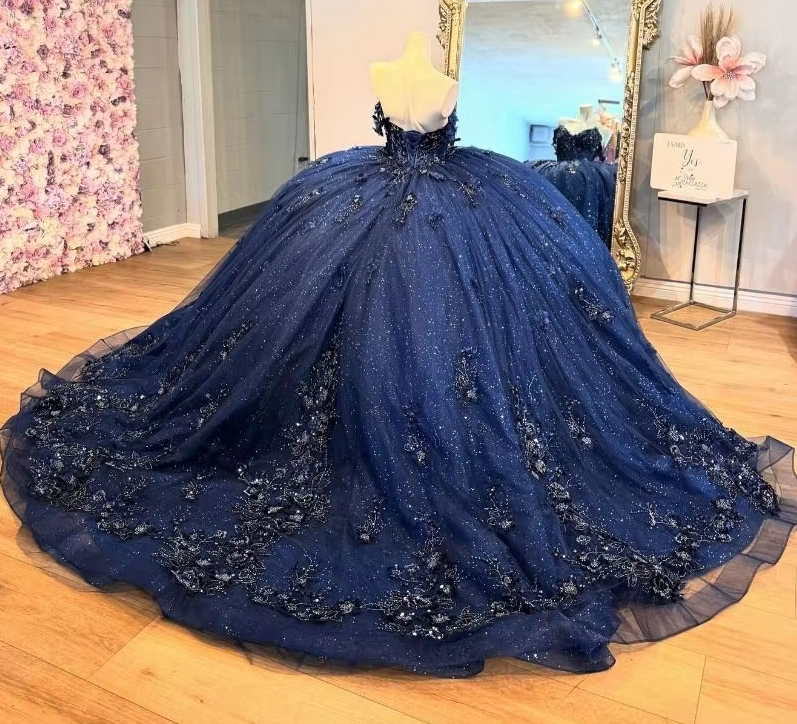 Mexico Navy Quinceanera Dress Ball Gown Floral Appliques Beaded Crystal Corset Sweet 16 Vestido De 15 Anos fg6839 - View 3 | VelvetHem