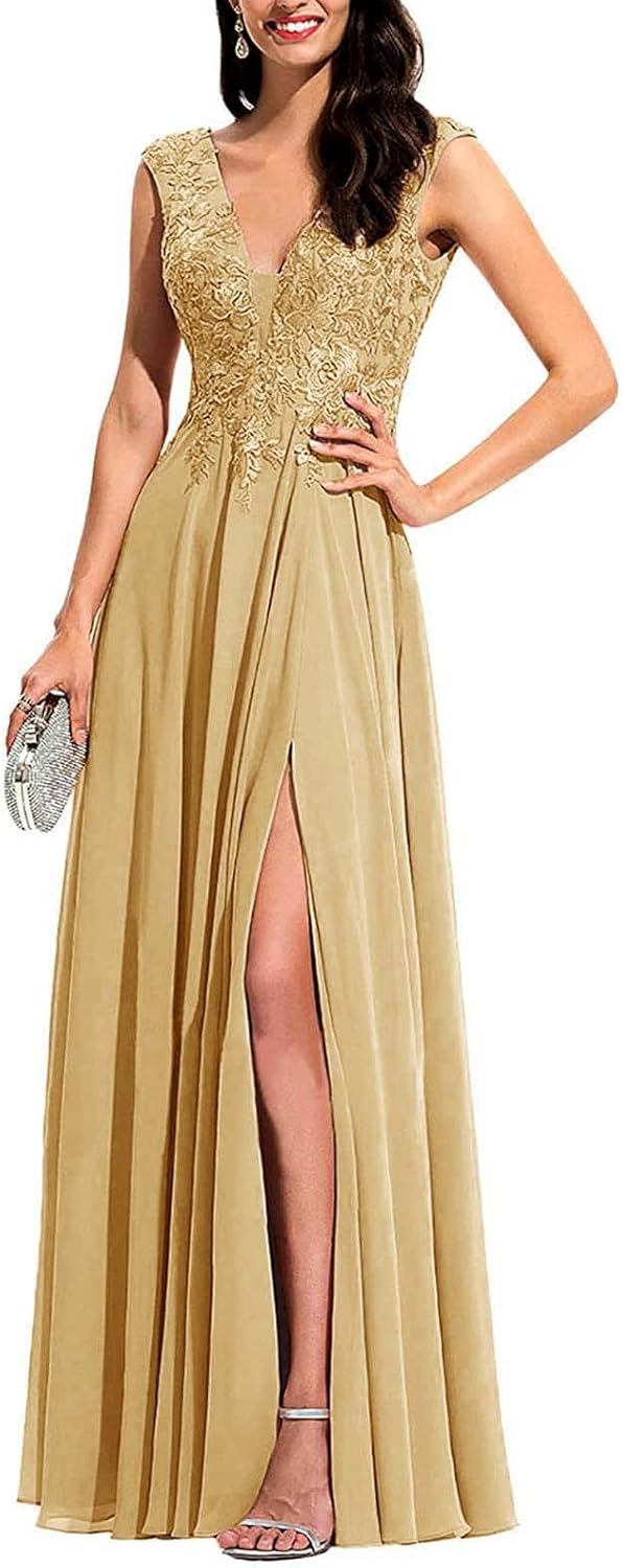 Chiffon Appliques Bridesmaid Dress Long V Neck Beaded Wedding Guest Gown with Split - VelvetHem